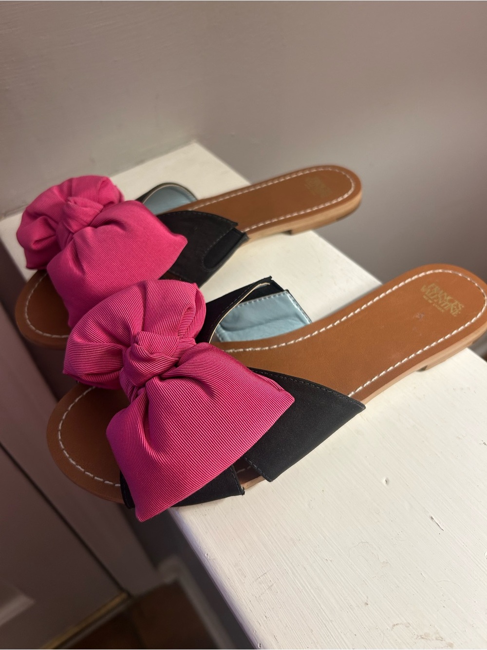 Frances Valentine Pink Black Bow Slide Sandals 7.5